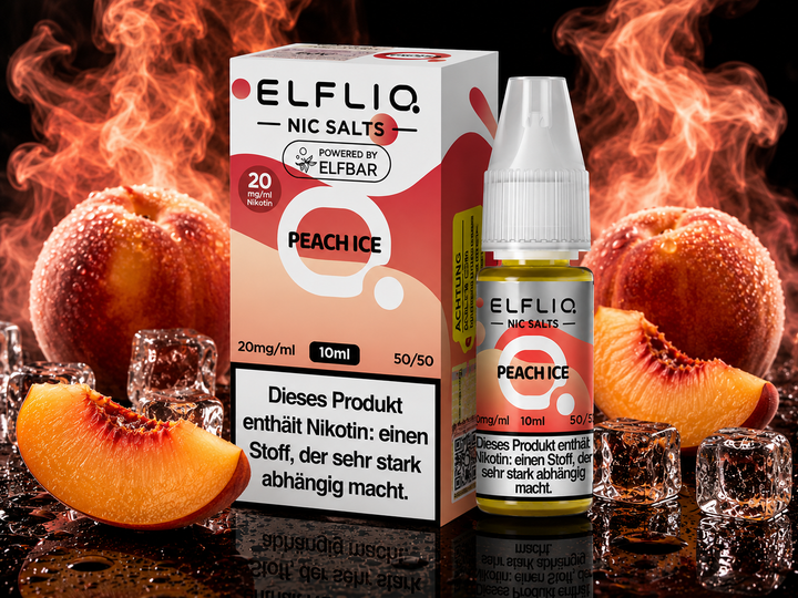 ELFLIQ Peach Ice Nikotinsalz Liquid 20mg/ml — Pfirsiche mit Eiskristallen, 10 ml Flasche und Verpackung