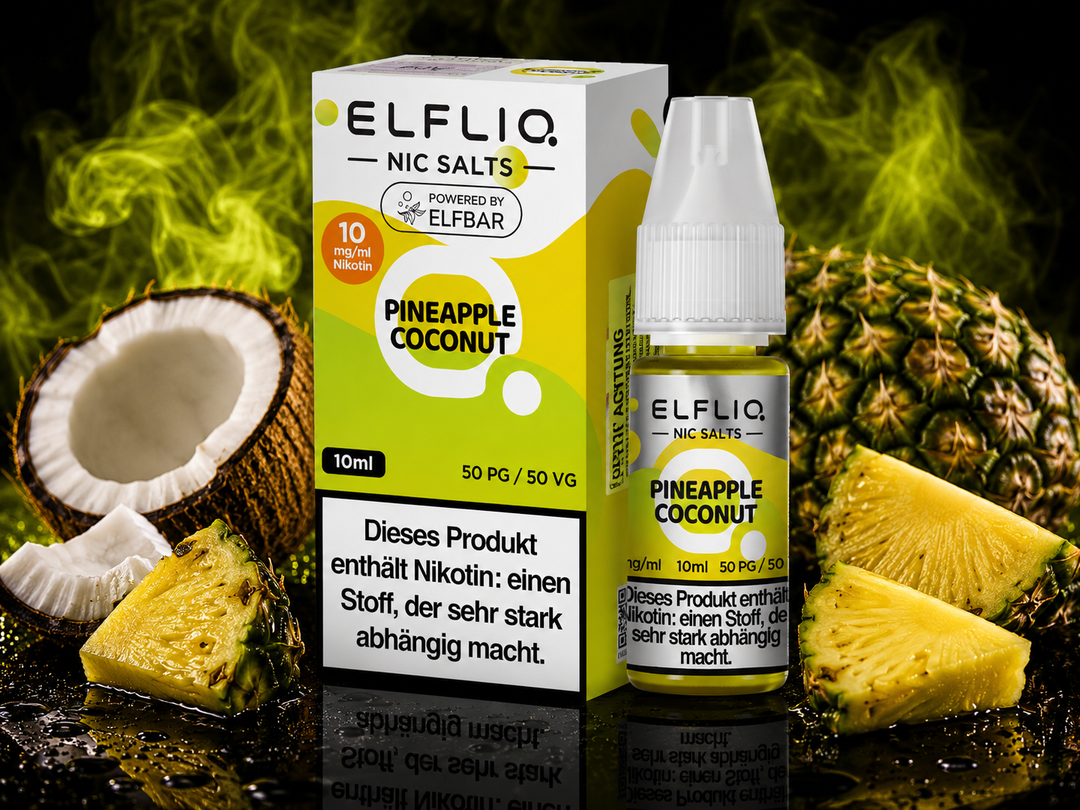 ELFLIQ Pineapple Coconut Nikotinsalz Liquid 10mg/ml — Ananas und Kokosnuss, 10 ml Flasche und Verpackung