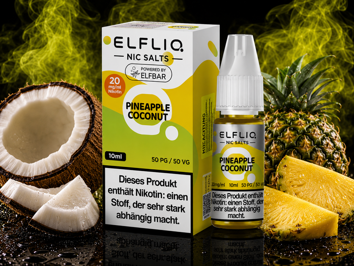 ELFLIQ Pineapple Coconut Nikotinsalz Liquid 20mg/ml — Ananas und Kokosnuss, 10 ml Flasche und Verpackung