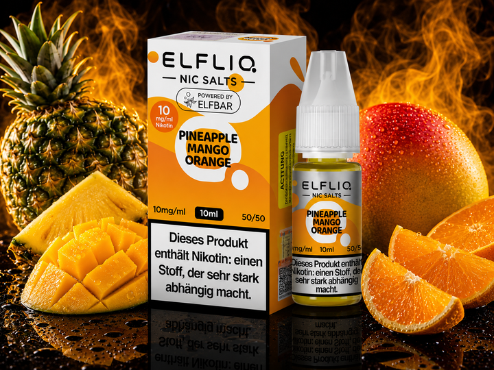 ELFLIQ Pineapple Orange Mango Nikotinsalz Liquid 10mg/ml — Ananas, Orange und Mango, 10 ml Flasche und Verpackung