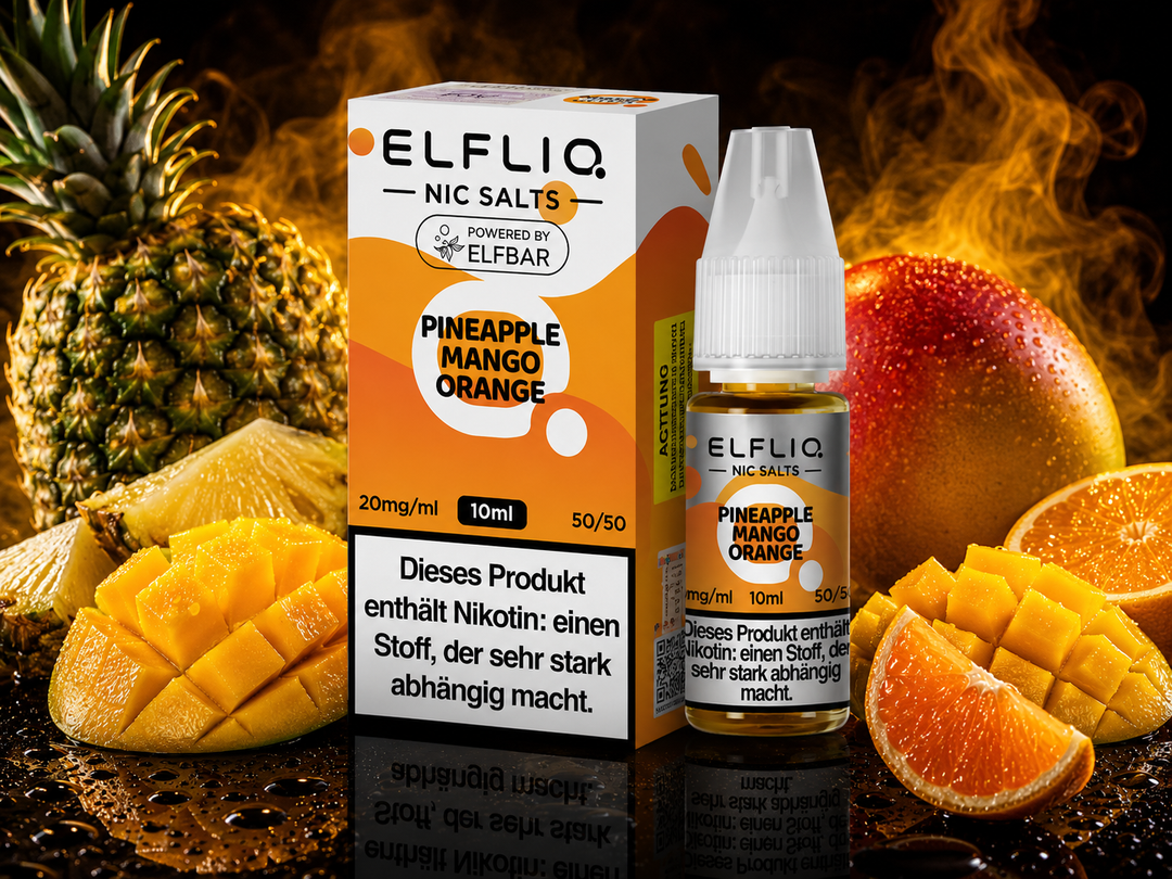 ELFLIQ Pineapple Orange Mango Nikotinsalz Liquid 20mg/ml — Ananas, Orange und Mango, 10 ml Flasche und Verpackung