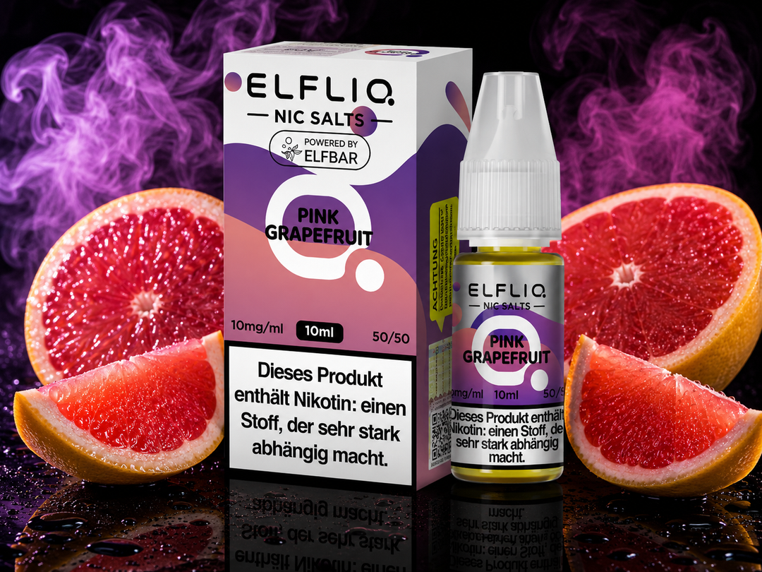 ELFLIQ Pink Grapefruit Nikotinsalz Liquid 10mg/ml — rosa Grapefruit, 10 ml Flasche und Verpackung