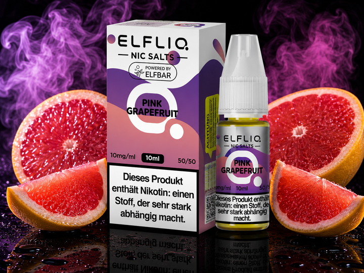 ELFLIQ Pink Grapefruit Nikotinsalz Liquid 10mg/ml — rosa Grapefruit, 10 ml Flasche und Verpackung