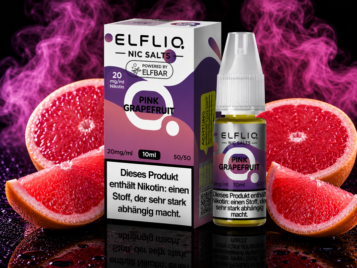 ELFLIQ Pink Grapefruit Nikotinsalz Liquid 20mg/ml — rosa Grapefruit, 10 ml Flasche und Verpackung