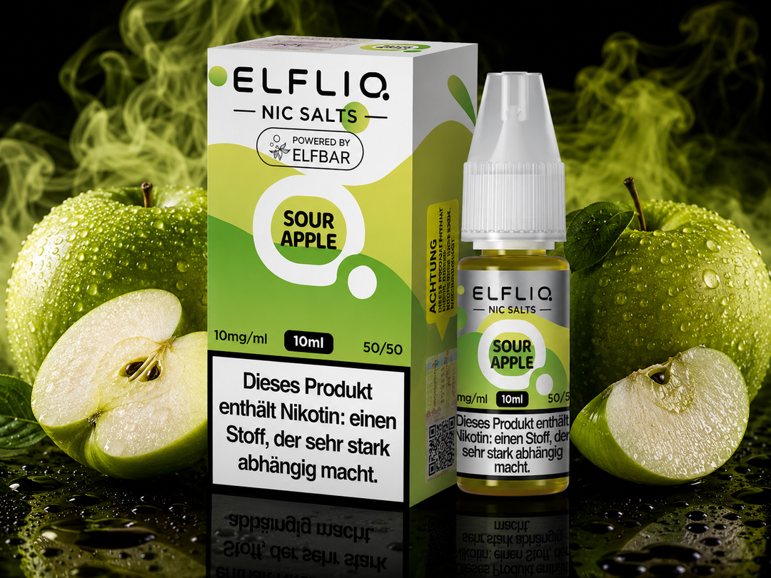 ELFLIQ Sour Apple Nikotinsalz Liquid 10mg/ml — saure grüne Äpfel, 10 ml Flasche und Verpackung