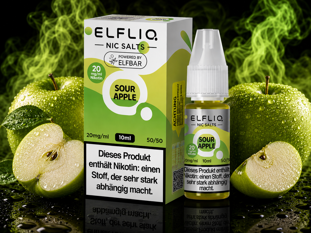 ELFLIQ Sour Apple Nikotinsalz Liquid 20mg/ml — saure grüne Äpfel, 10 ml Flasche und Verpackung