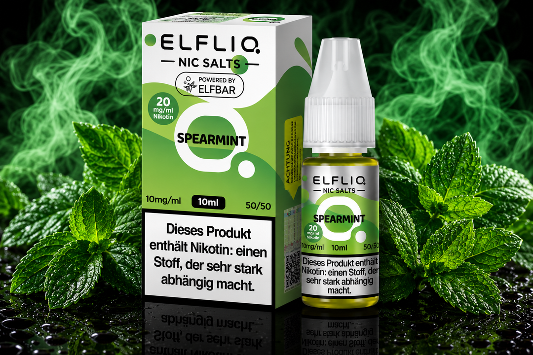 ELFLIQ Spearmint Nikotinsalz Liquid 20mg/ml — grüne Minzblätter, 10 ml Flasche und Verpackung