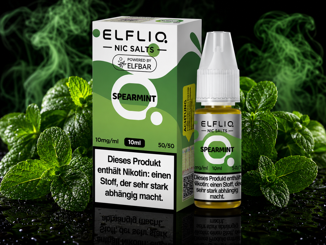 ELFLIQ Spearmint Nikotinsalz Liquid 10mg/ml — grüne Minzblätter, 10 ml Flasche und Verpackung
