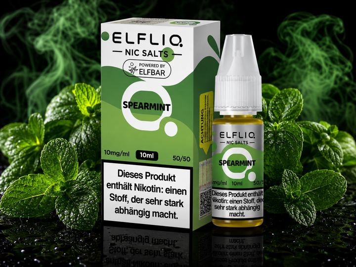 ELFLIQ Spearmint Nikotinsalz Liquid 10mg/ml — grüne Minzblätter, 10 ml Flasche und Verpackung