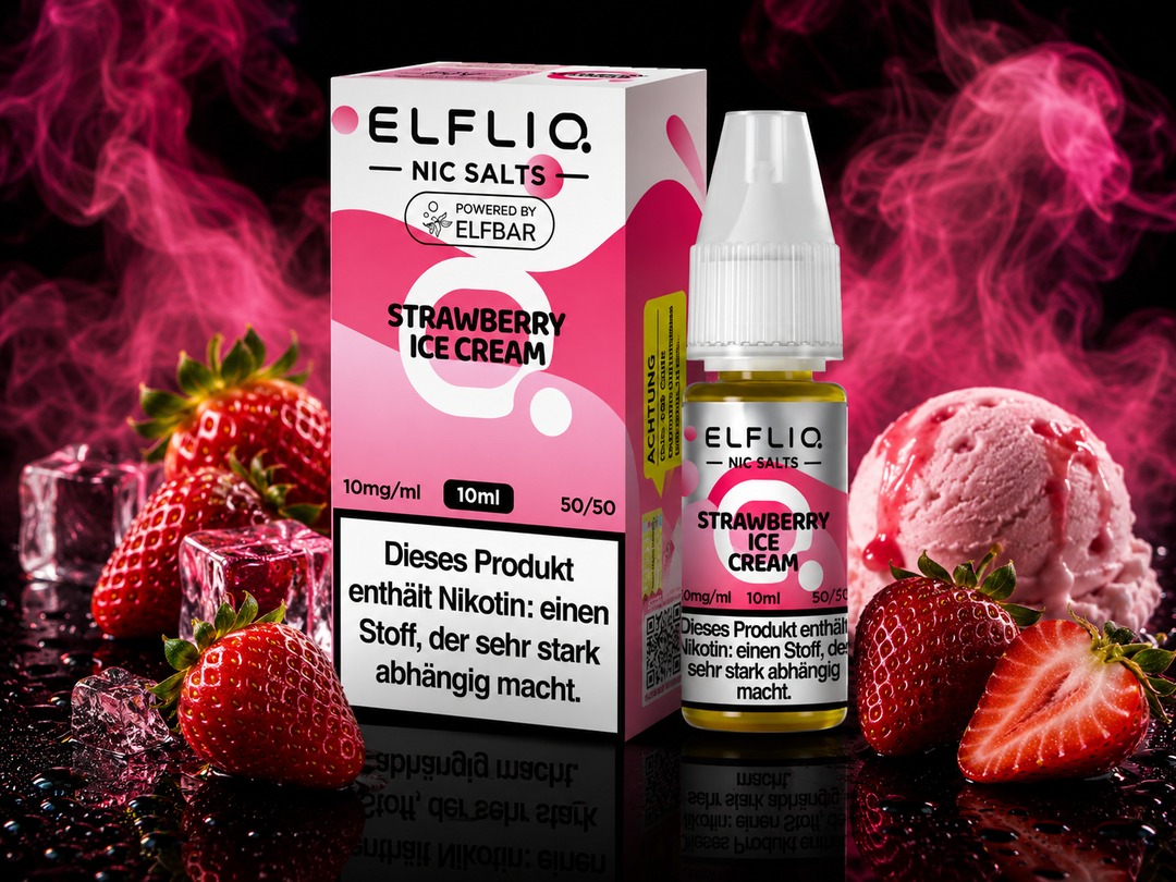 ELFLIQ Strawberry Ice Cream Nikotinsalz Liquid 10mg/ml — Erdbeeren und Eiscreme, 10 ml Flasche und Verpackung