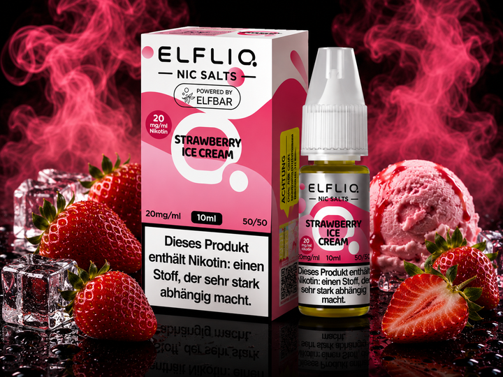 ELFLIQ Strawberry Ice Cream Nikotinsalz Liquid 20mg/ml — Erdbeeren und Eiscreme, 10 ml Flasche und Verpackung