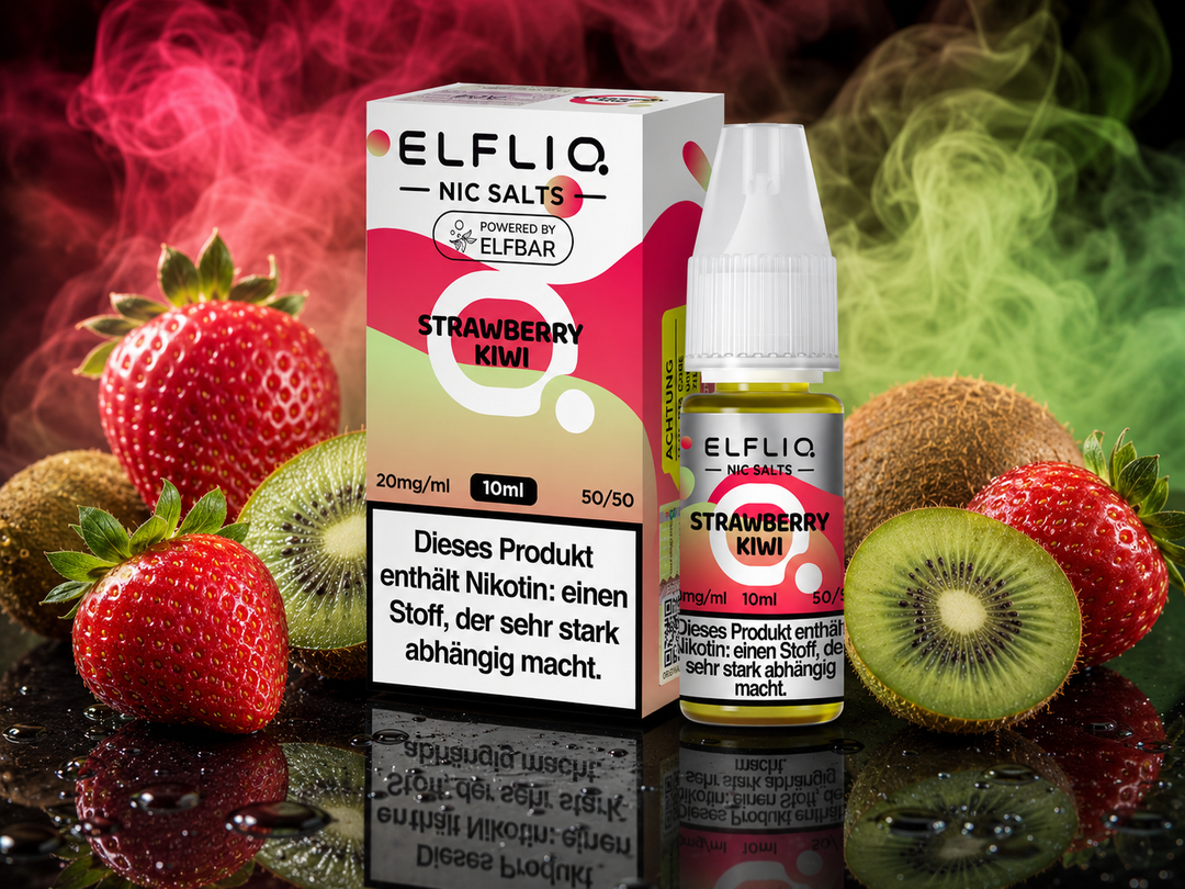 ELFLIQ Strawberry Kiwi Nikotinsalz Liquid 20mg/ml — Erdbeeren und Kiwi, 10 ml Flasche und Verpackung