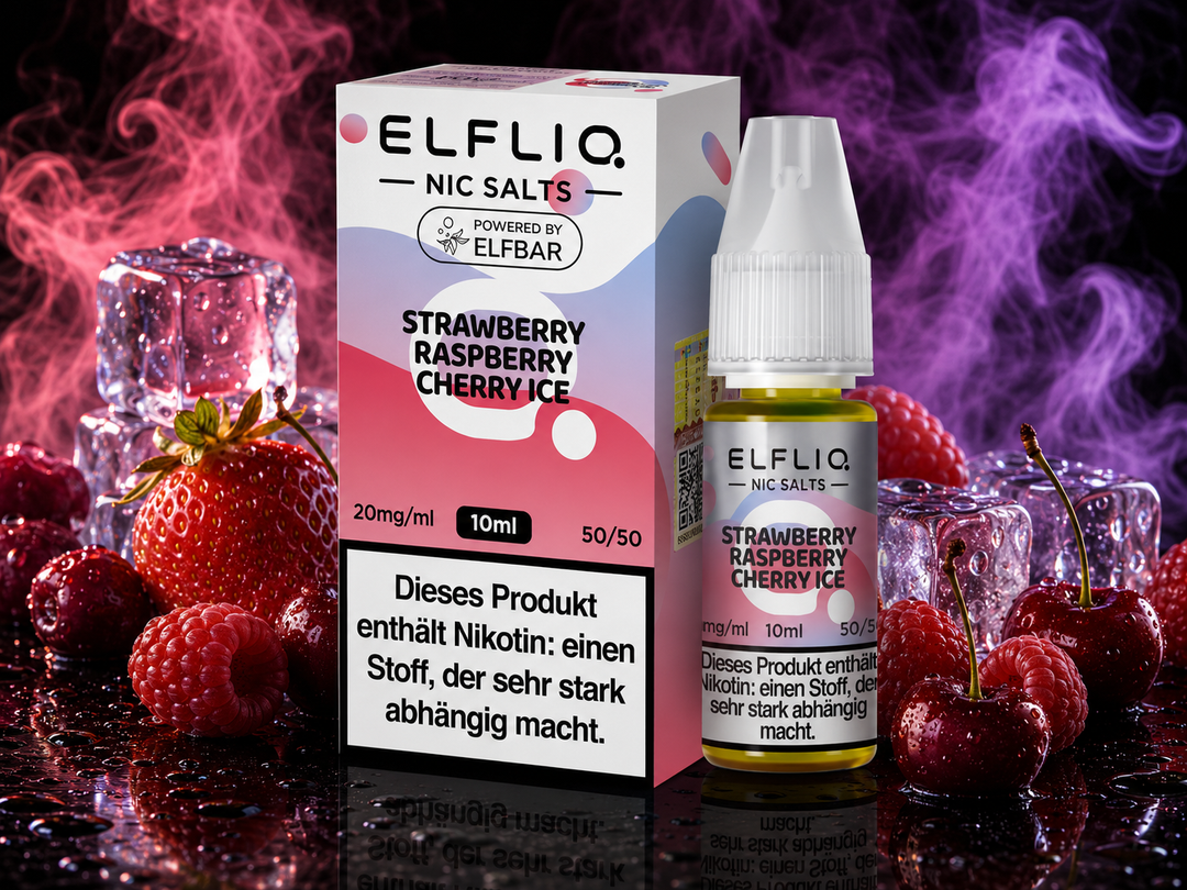 ELFLIQ Strawberry Raspberry Cherry Ice Nikotinsalz Liquid 20mg/ml — Erdbeeren, Himbeeren und Kirschen mit Eiskristallen, 10 ml Flasche und Verpackung