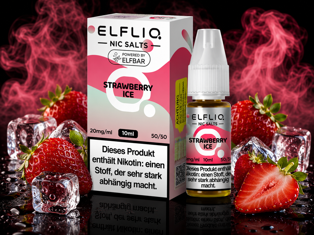 ELFLIQ Strawberry Ice Nikotinsalz Liquid 20mg/ml — Erdbeeren mit Eiskristallen, 10 ml Flasche und Verpackung