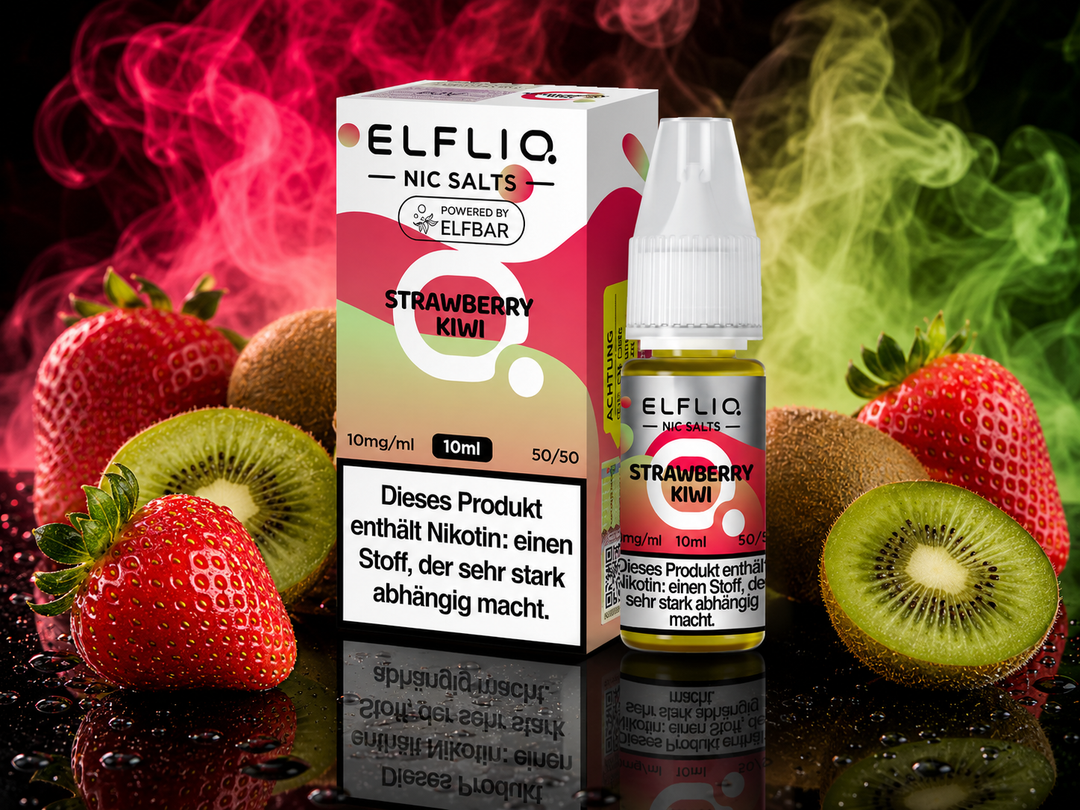 ELFLIQ Strawberry Kiwi Nikotinsalz Liquid 10mg/ml — Erdbeeren und Kiwi, 10 ml Flasche und Verpackung