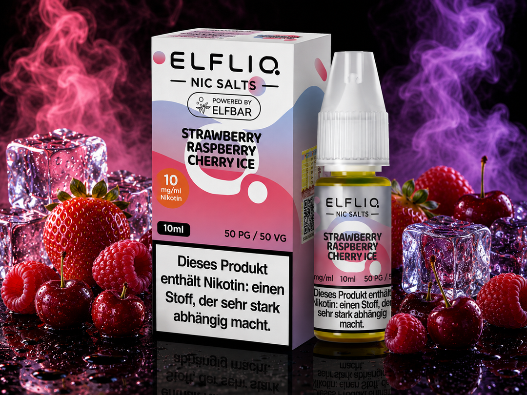 ELFLIQ Strawberry Raspberry Cherry Ice Nikotinsalz Liquid 10mg/ml — Erdbeeren, Himbeeren und Kirschen mit Eiskristallen, 10 ml Flasche und Verpackung