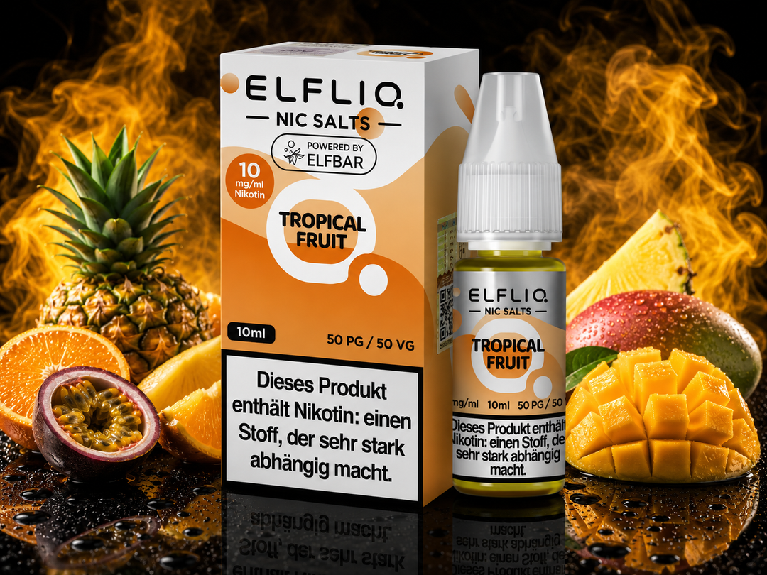 ELFLIQ Tropical Fruit Nikotinsalz Liquid 10mg/ml — tropische Früchte, 10 ml Flasche und Verpackung