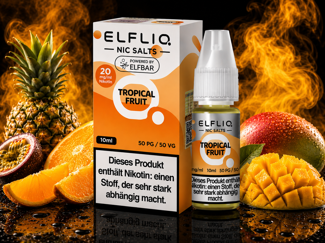 ELFLIQ Tropical Fruit Nikotinsalz Liquid 20mg/ml — tropische Früchte, 10 ml Flasche und Verpackung