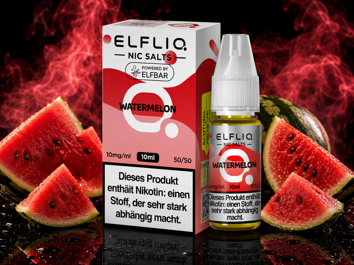 ELFLIQ Watermelon Nikotinsalz Liquid 10mg/ml — Wassermelone, 10 ml Flasche und Verpackung