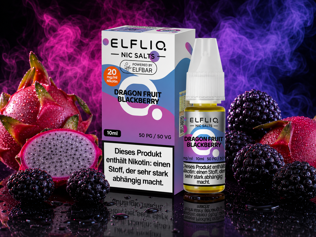 ELFLIQ Dragon Fruit Blackberry Nikotinsalz Liquid 20mg/ml — Drachenfrucht und Brombeeren, 10 ml Flasche und Verpackung