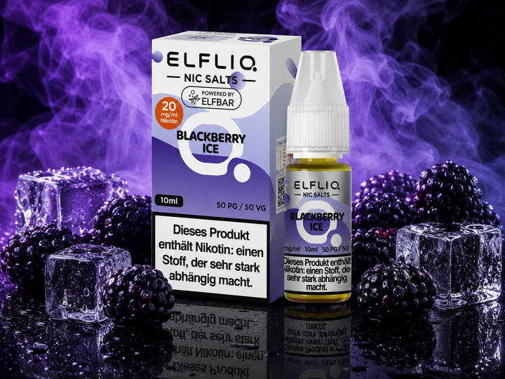 ELFLIQ Blackberry Ice Nikotinsalz Liquid 20mg/ml — Brombeeren mit Eiskristallen, 10 ml Flasche und Verpackung