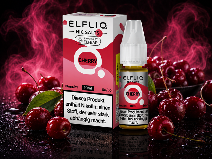 ELFLIQ Cherry Nikotinsalz Liquid 10mg/ml — Kirschen, 10 ml Flasche und Verpackung