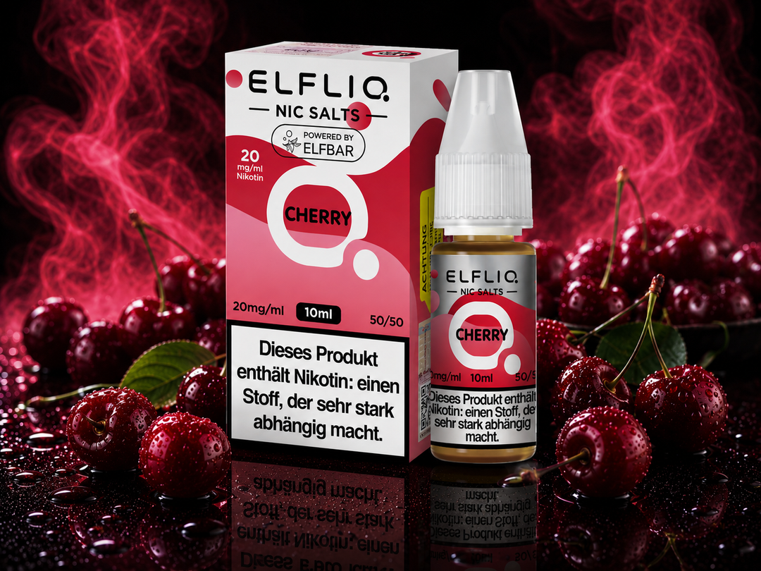 ELFLIQ Cherry Nikotinsalz Liquid 20mg/ml — Kirschen, 10 ml Flasche und Verpackung