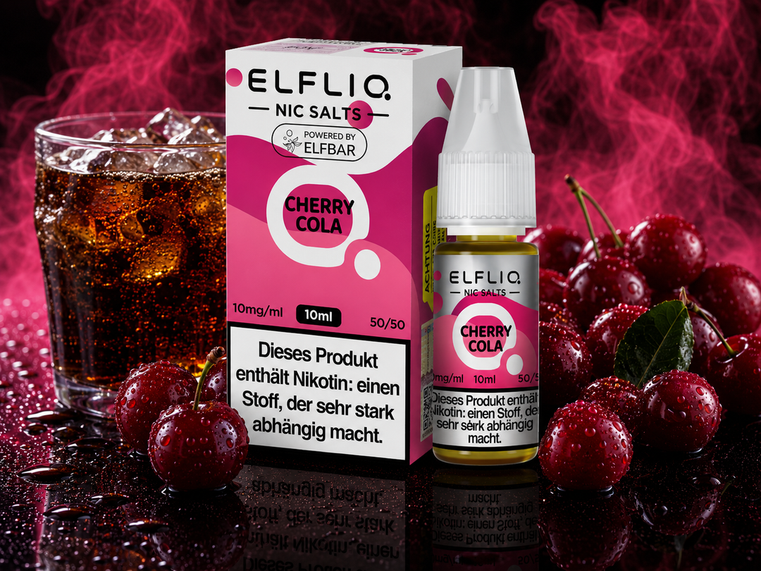 ELFLIQ Cherry Cola Nikotinsalz Liquid 10mg/ml — Kirschen und Cola, 10 ml Flasche und Verpackung