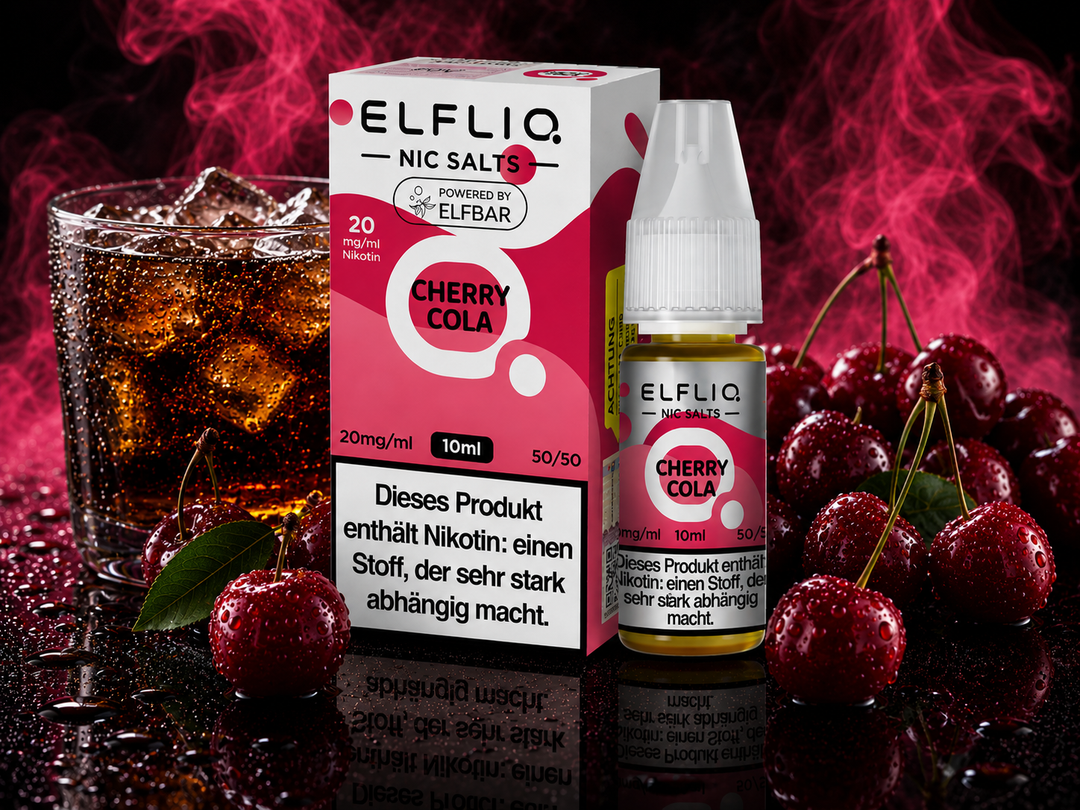 ELFLIQ Cherry Cola Nikotinsalz Liquid 20mg/ml — Kirschen und Cola, 10 ml Flasche und Verpackung