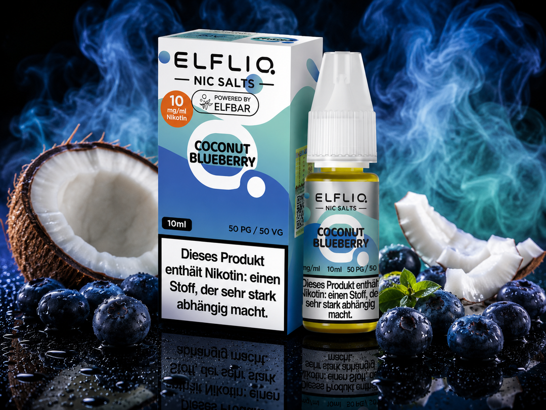 ELFLIQ Coconut Blueberry Nikotinsalz Liquid 10mg/ml — Kokosnuss und Blaubeeren, 10 ml Flasche und Verpackung