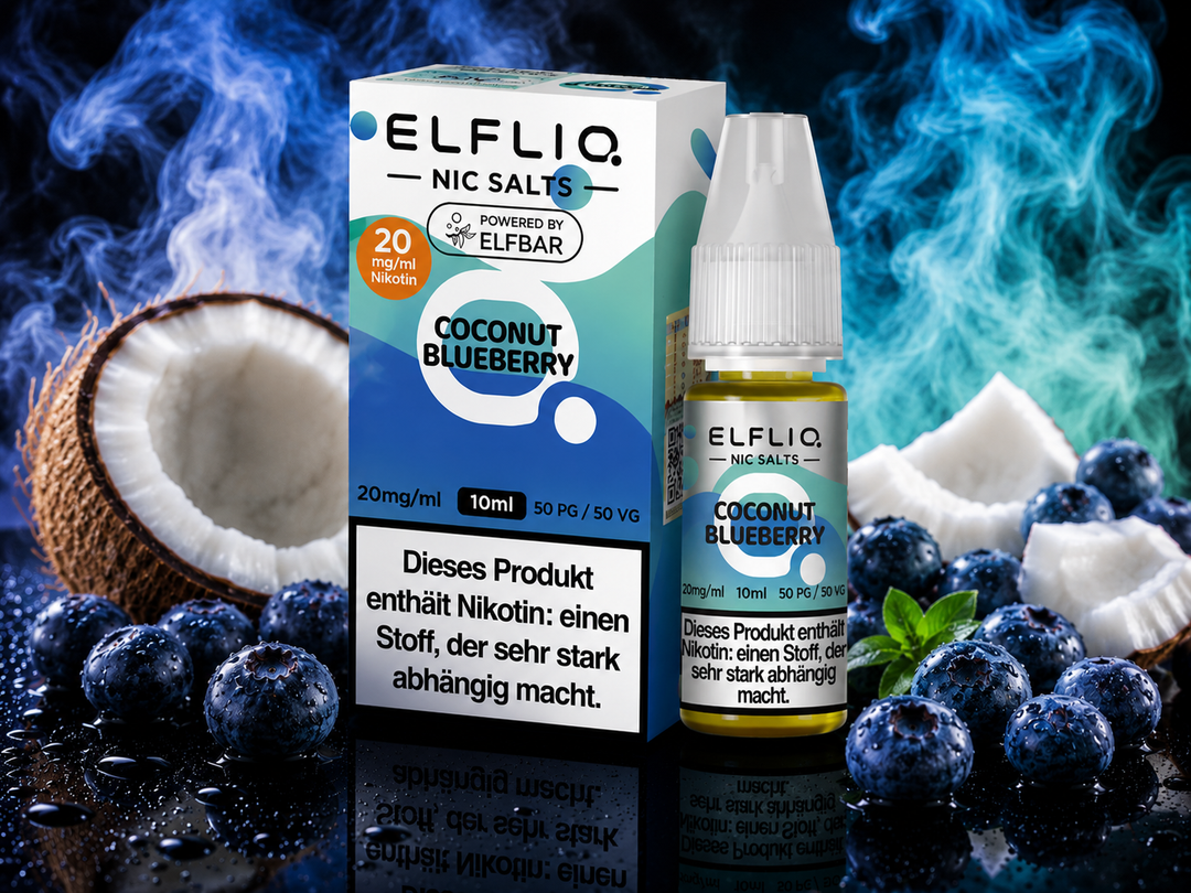 ELFLIQ Coconut Blueberry Nikotinsalz Liquid 20mg/ml — Kokosnuss und Blaubeeren, 10 ml Flasche und Verpackung