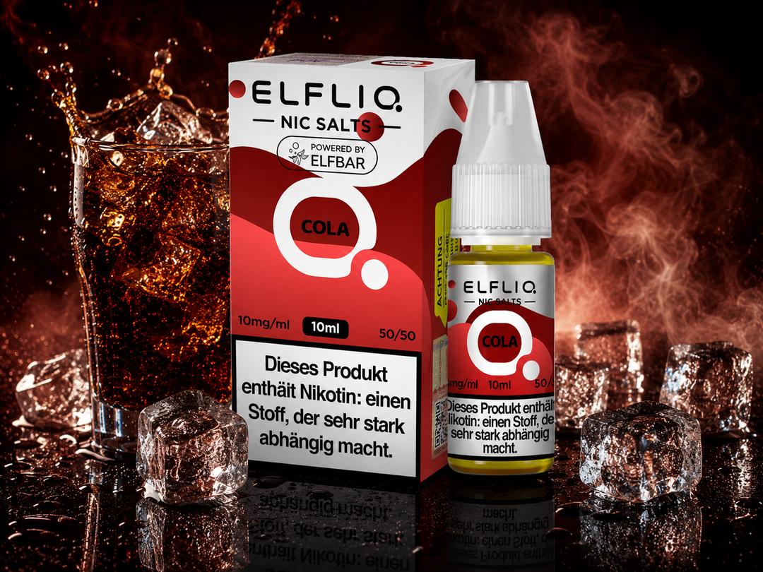 ELFLIQ Cola Nikotinsalz Liquid 10mg/ml — Cola-Motiv, 10 ml Flasche und Verpackung
