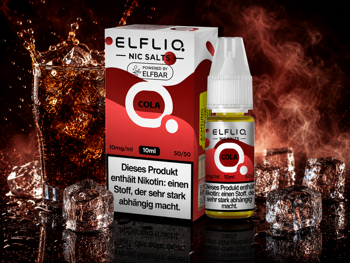 ELFLIQ Cola Nikotinsalz Liquid 10mg/ml — Cola-Motiv, 10 ml Flasche und Verpackung