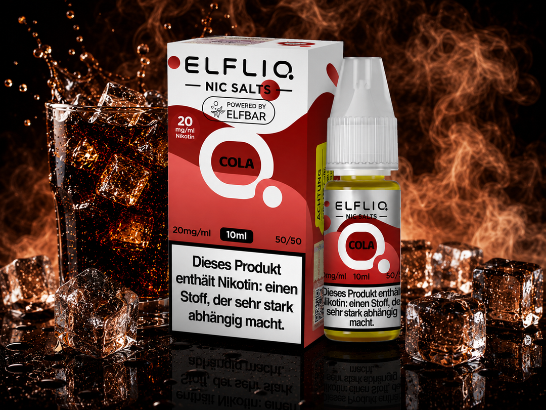 ELFLIQ Cola Nikotinsalz Liquid 20mg/ml — Cola-Motiv, 10 ml Flasche und Verpackung
