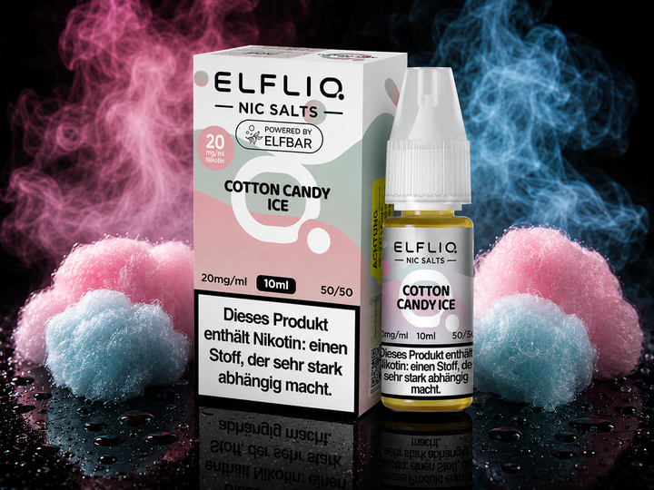ELFLIQ Cotton Candy Ice Nikotinsalz Liquid 20mg/ml — Zuckerwatte mit Eiskristallen, 10 ml Flasche und Verpackung