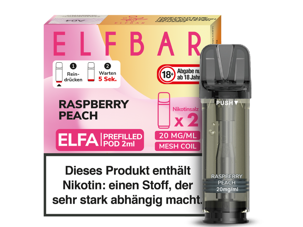 ELFA Pod Raspberry Peach 20mg — Verpackung mit Echtheitscode