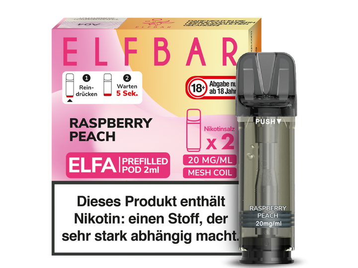 ELFA Pod Raspberry Peach 20mg — Verpackung mit Echtheitscode