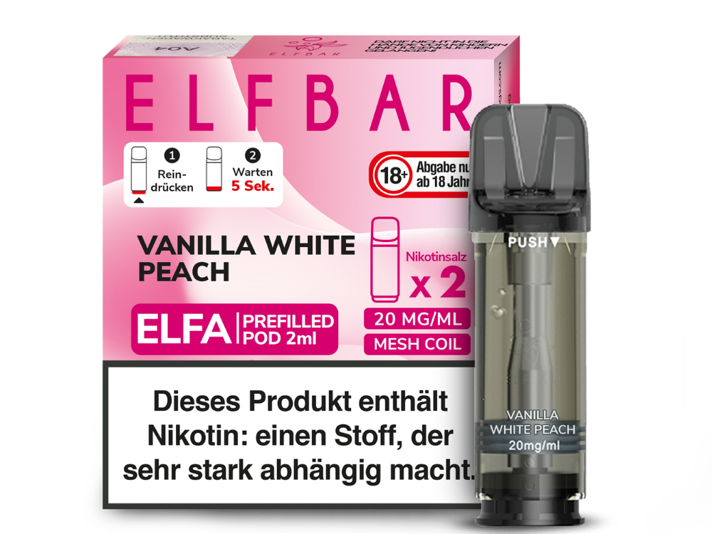 ELFA Pod Vanilla White Peach 20mg — Verpackung mit Echtheitscode