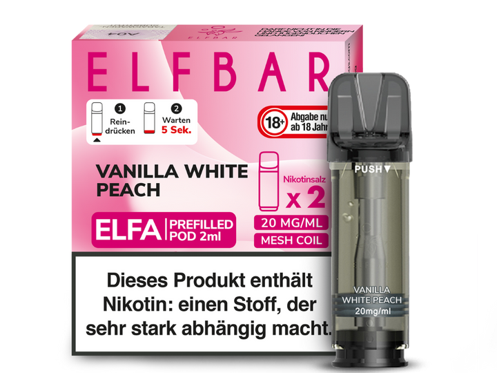ELFA Pod Vanilla White Peach 20mg — Verpackung mit Echtheitscode