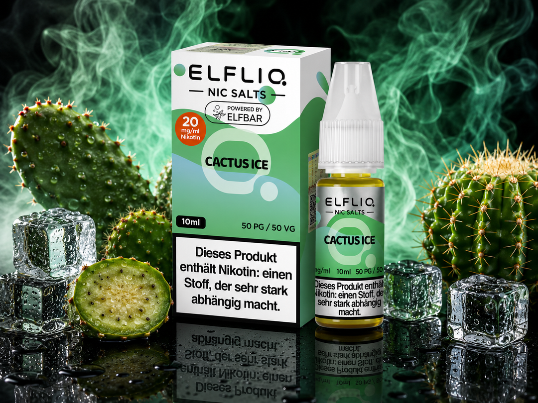 ELFLIQ Cactus Ice Nikotinsalz Liquid 20mg/ml — Kaktusfeige mit Eiskristallen, 10 ml Flasche und Verpackung