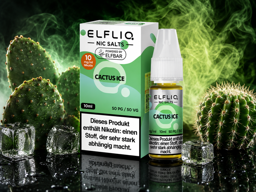 ELFLIQ Cactus Ice Nikotinsalz Liquid 10mg/ml — Kaktusfeige mit Eiskristallen, 10 ml Flasche und Verpackung