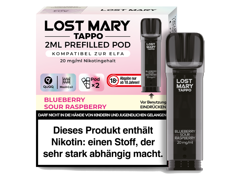 Lost Mary Tappo Pod Blueberry Sour Raspberry 20mg/ml — vorbefüllter Pod mit Blaubeer-Himbeer-Geschmack, 2er-Pack