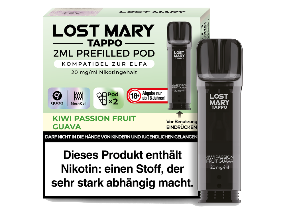 Lost Mary Tappo Pod Kiwi Passion Fruit Guava 20mg/ml — vorbefüllter Pod mit Kiwi-Passionsfrucht-Guave-Geschmack, 2er-Pack