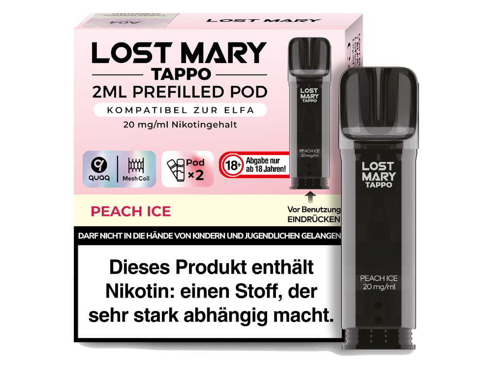 Lost Mary Tappo Pod Peach Ice 20mg/ml — vorbefüllter Pod mit Pfirsich-Geschmack und Kühleffekt, 2er-Pack