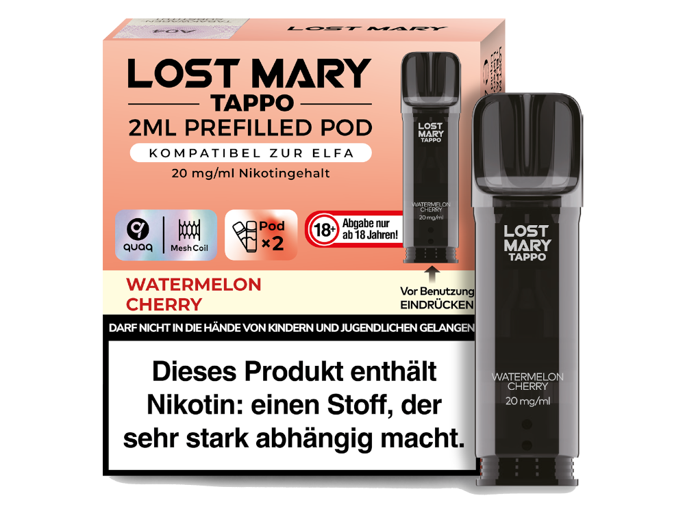 Lost Mary Tappo Pod Watermelon Cherry 20mg/ml — vorbefüllter Pod mit Wassermelone-Kirsch-Geschmack, 2er-Pack