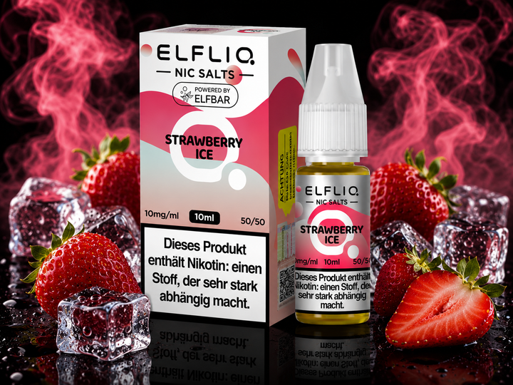 ELFLIQ Strawberry Ice Nikotinsalz Liquid 10mg/ml — Erdbeeren mit Eiskristallen, 10 ml Flasche und Verpackung